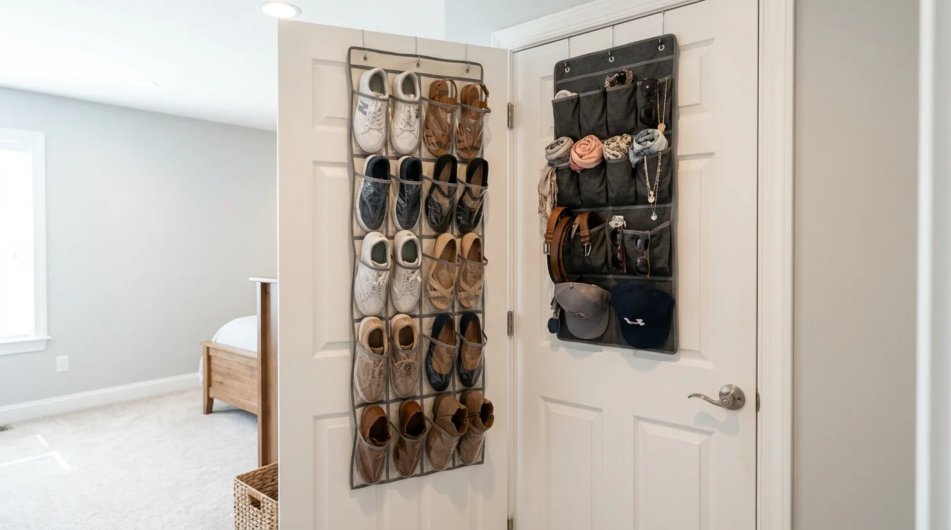 A closet door with hanging organizers storing shoes and accessories bright lighting efficient use of unused space no people