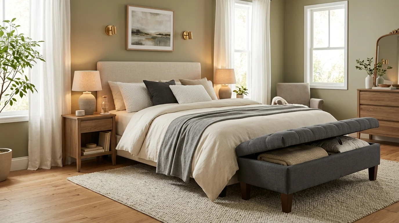 A bedroom with a bench at the foot of the bed containing hidden storage soft lighting stylish functional addition no people