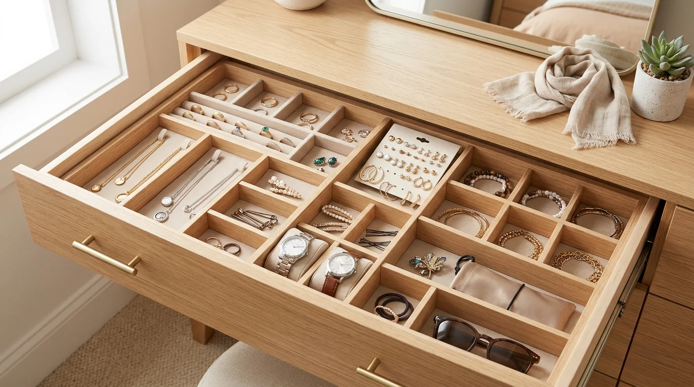 A drawer organizer neatly dividing items like jewelry and accessories bright lighting clean detailed organization no people