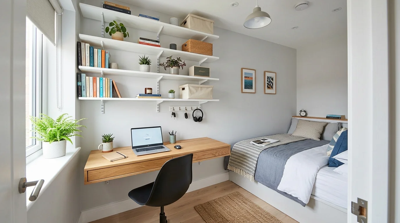 A small bedroom with a wall mounted desk and shelves reducing floor clutter bright lighting smart space saving solution no people