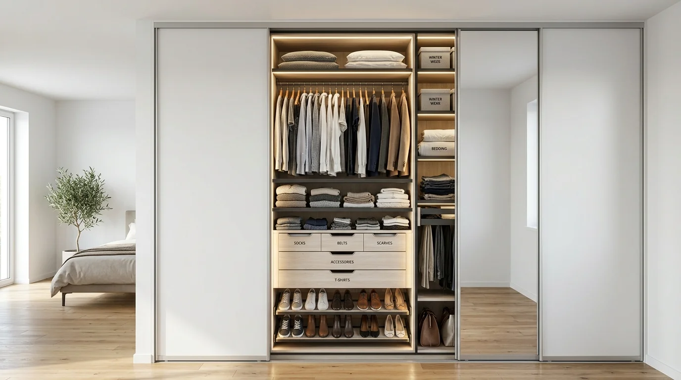 A wardrobe with sliding doors and internal compartments maximizing storage capacity bright lighting sleek modern organization no people