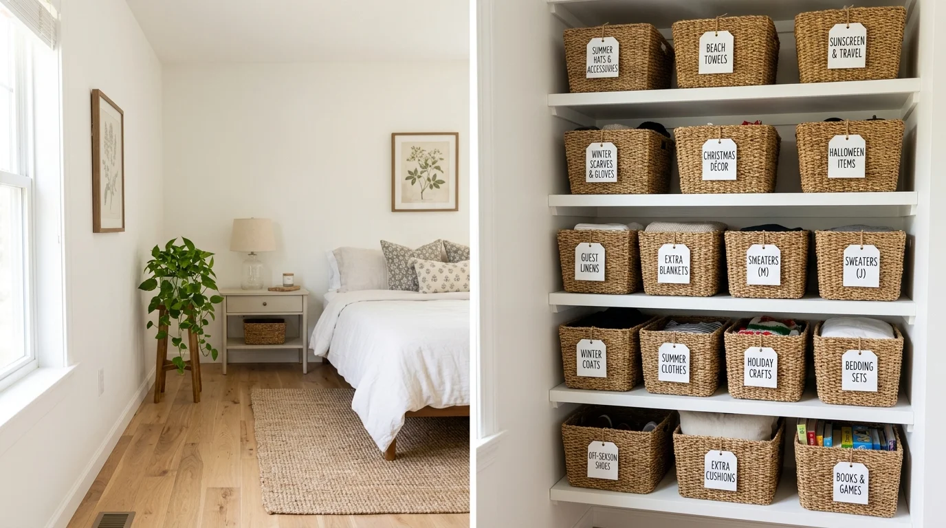A bedroom with labeled baskets on shelves storing seasonal items bright lighting visually pleasing organized setup no people