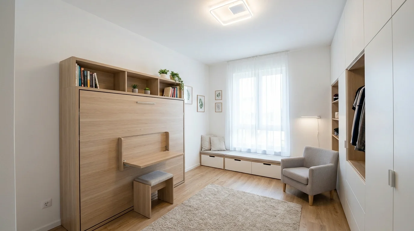 A compact bedroom with multi functional furniture like a foldable bed and storage units bright lighting efficient layout no people