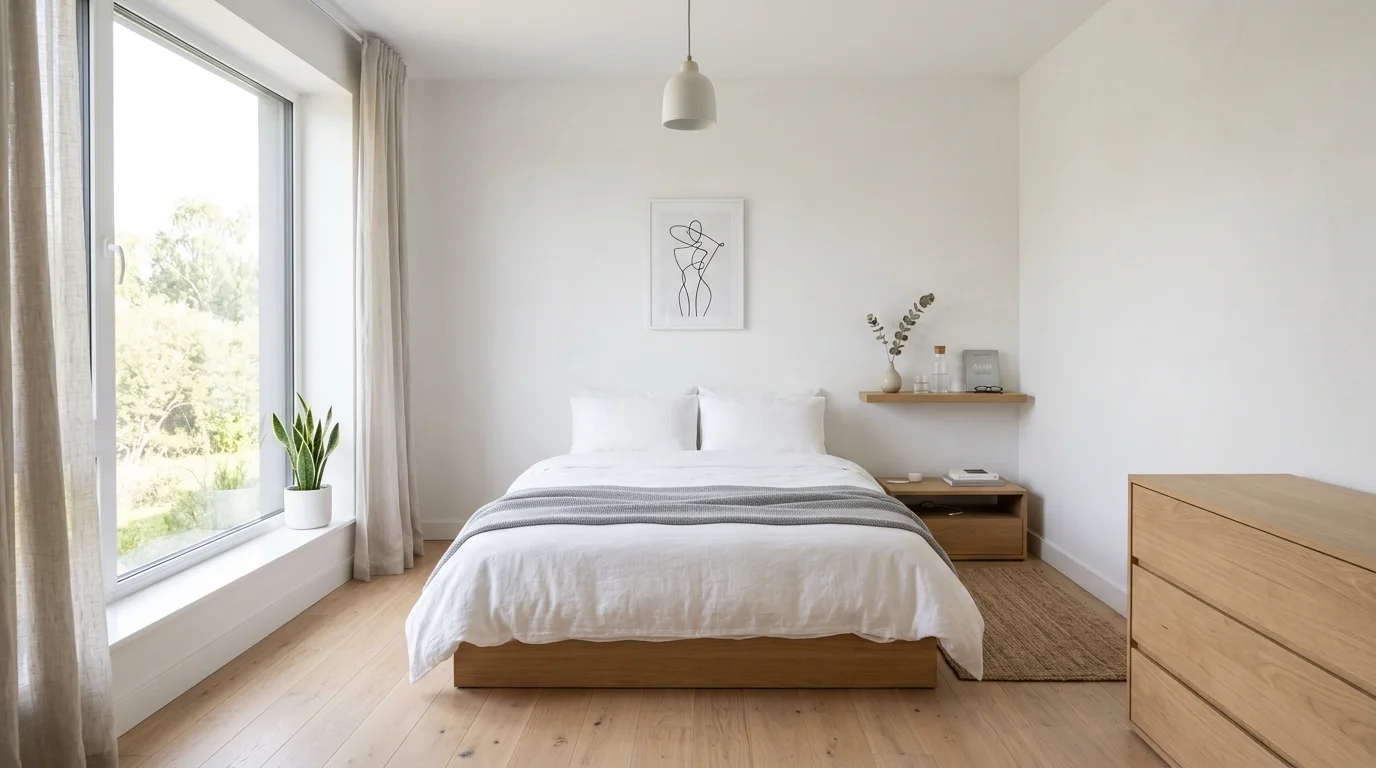 A minimalist bedroom with decluttered surfaces and only essential items displayed bright natural light clean stress free environment no people