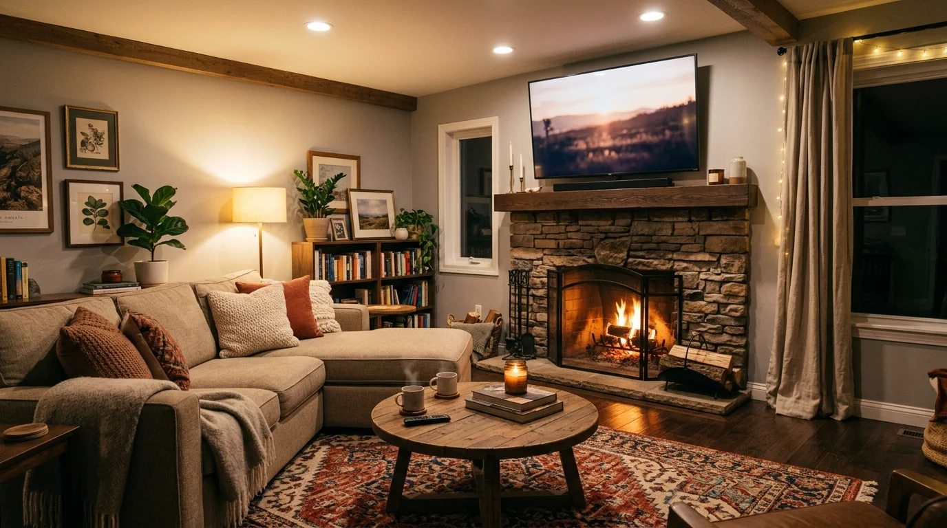 A cozy living room with a TV placed above a fireplace and a sectional sofa arranged for viewing warm ambient lighting comfortable functional layout no people