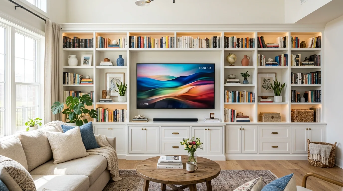 A living room with built in shelving surrounding a TV displaying books and decor bright lighting elegant organized media wall no people