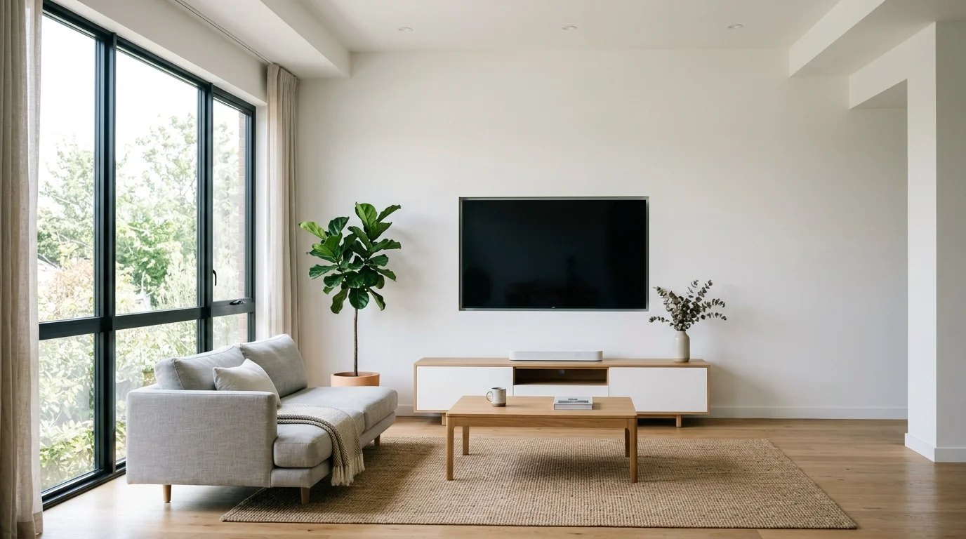 A minimalist space with a TV mounted on a clean white wall paired with low profile furniture bright natural daylight uncluttered modern design no people