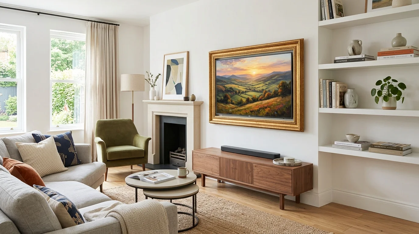 A living room with a TV framed like artwork using a decorative frame bright lighting stylish dual purpose display no people