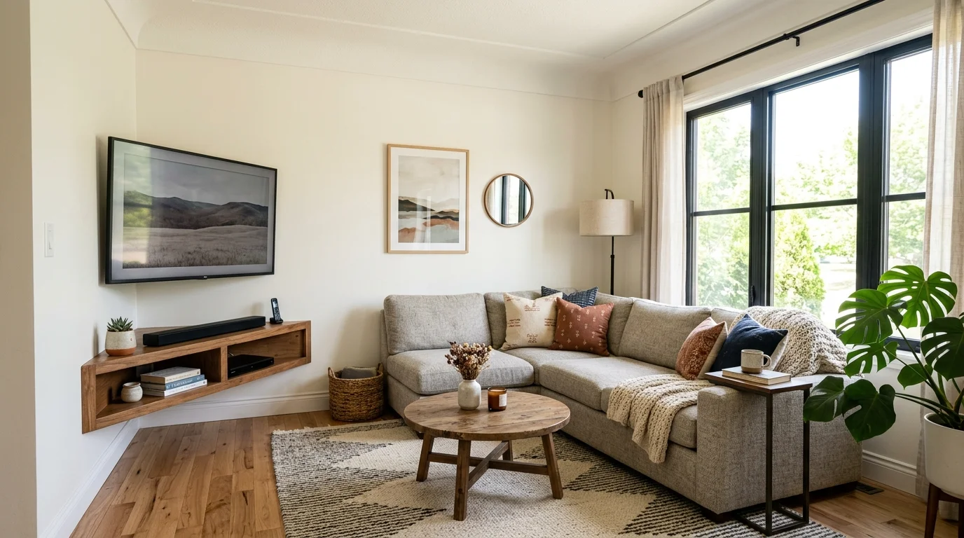 A space with a corner TV setup maximizing room layout paired with a cozy seating arrangement bright natural light efficient design no people