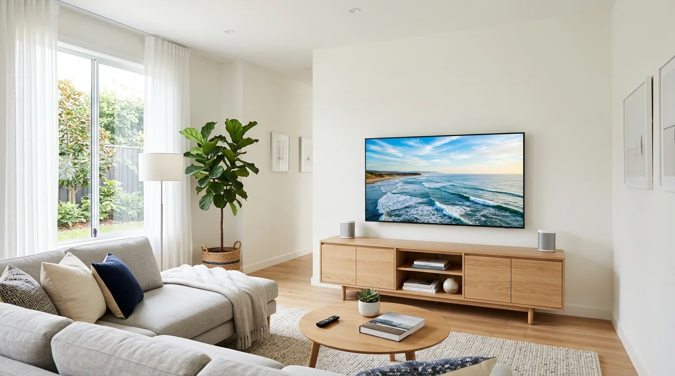 A living room with a TV on a media console and hidden cable management bright lighting clean organized look no people