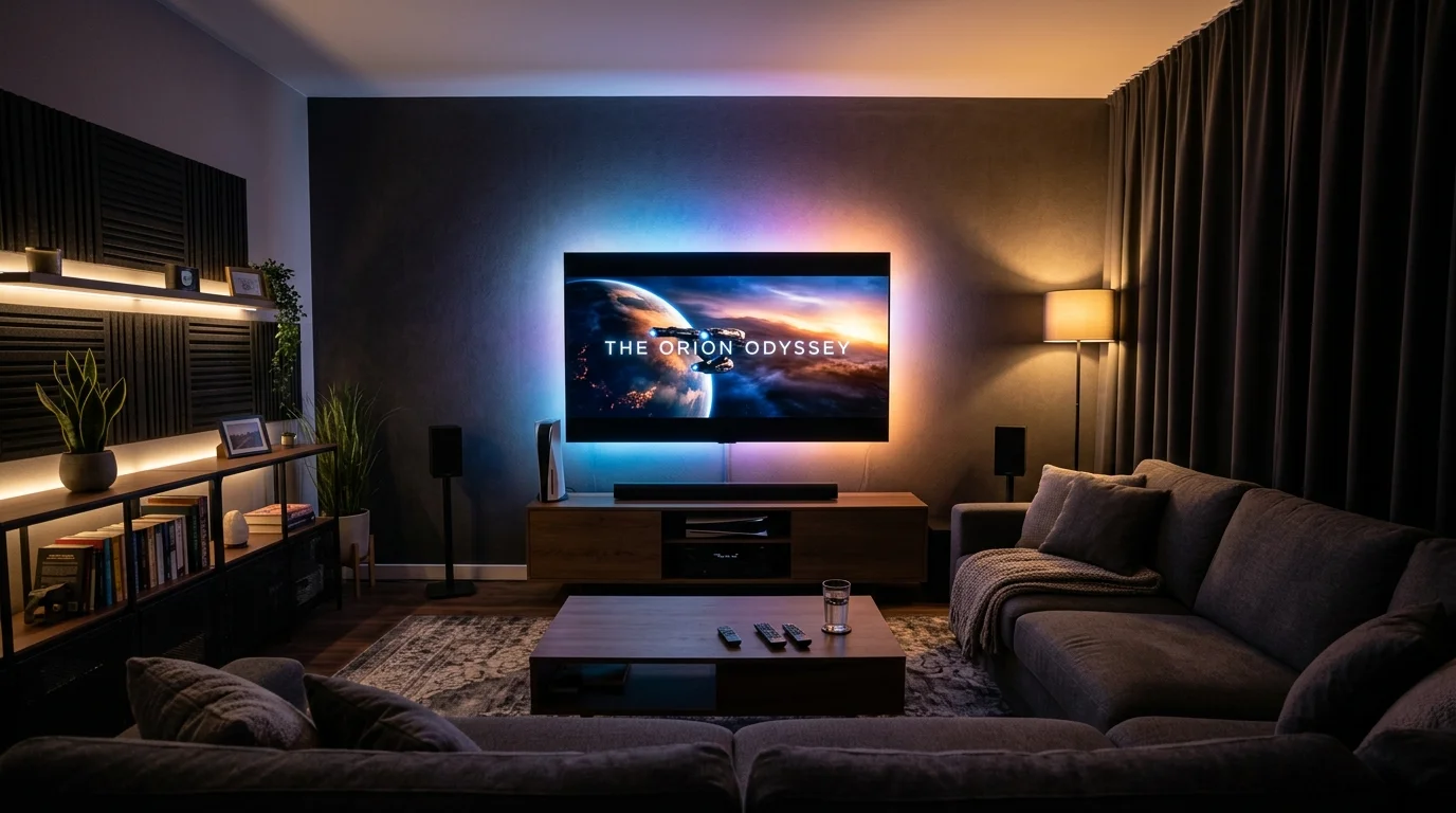 A contemporary room with a large screen TV and LED backlighting creating a cinematic effect soft ambient lighting immersive viewing experience no people