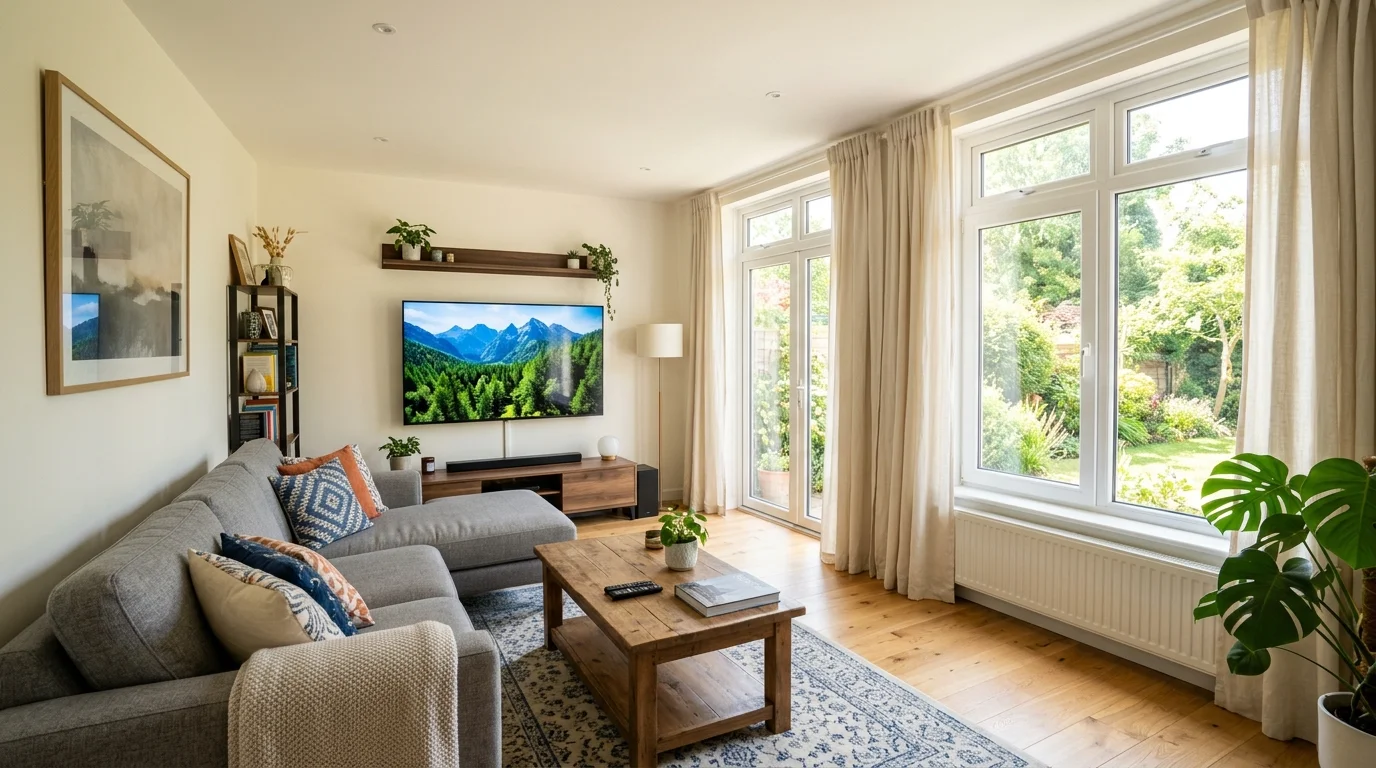 A living room with a TV placed opposite large windows balanced with curtains to control light bright natural daylight comfortable viewing environment no people