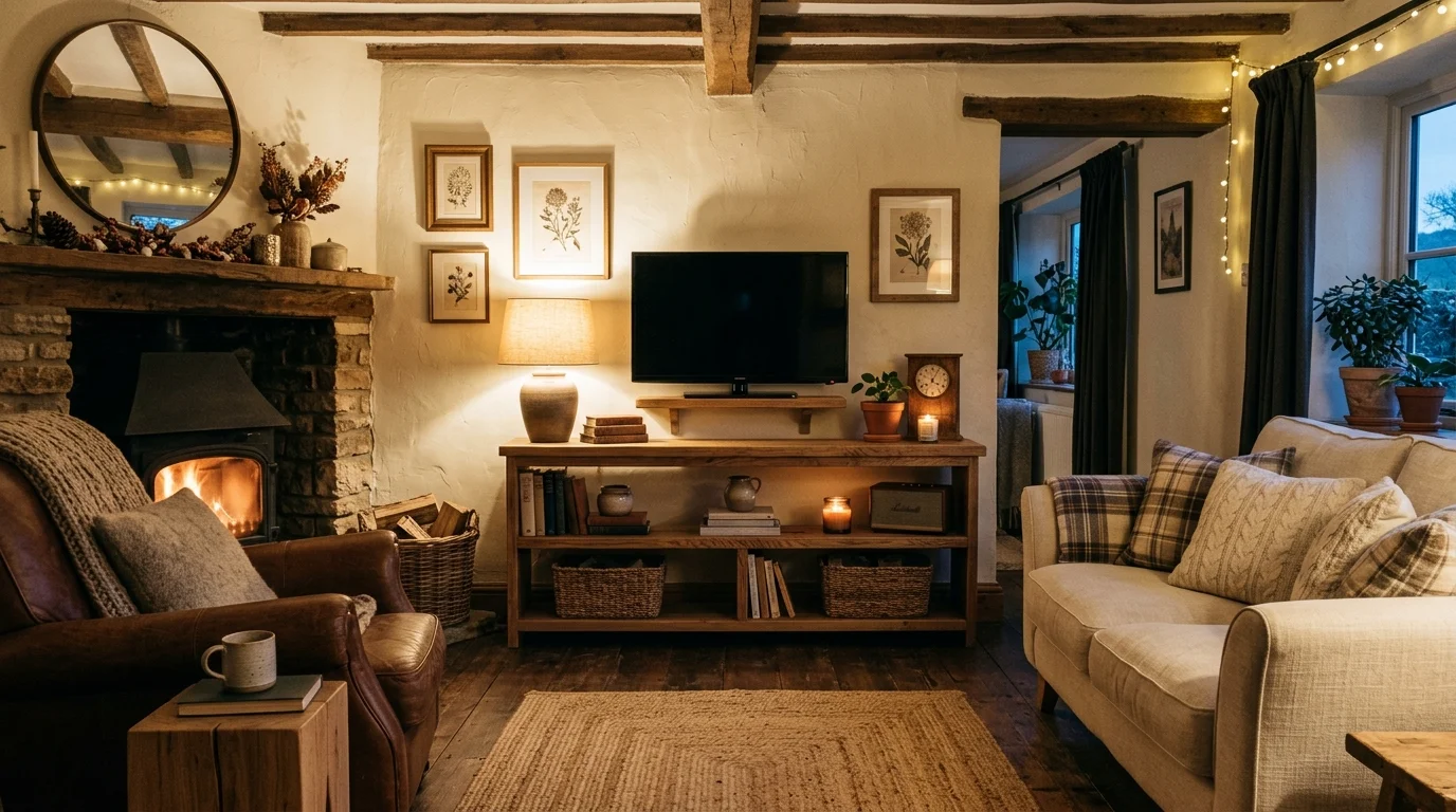 A rustic living room with a wooden media unit holding a TV and decor items warm lighting cozy farmhouse entertainment setup no people