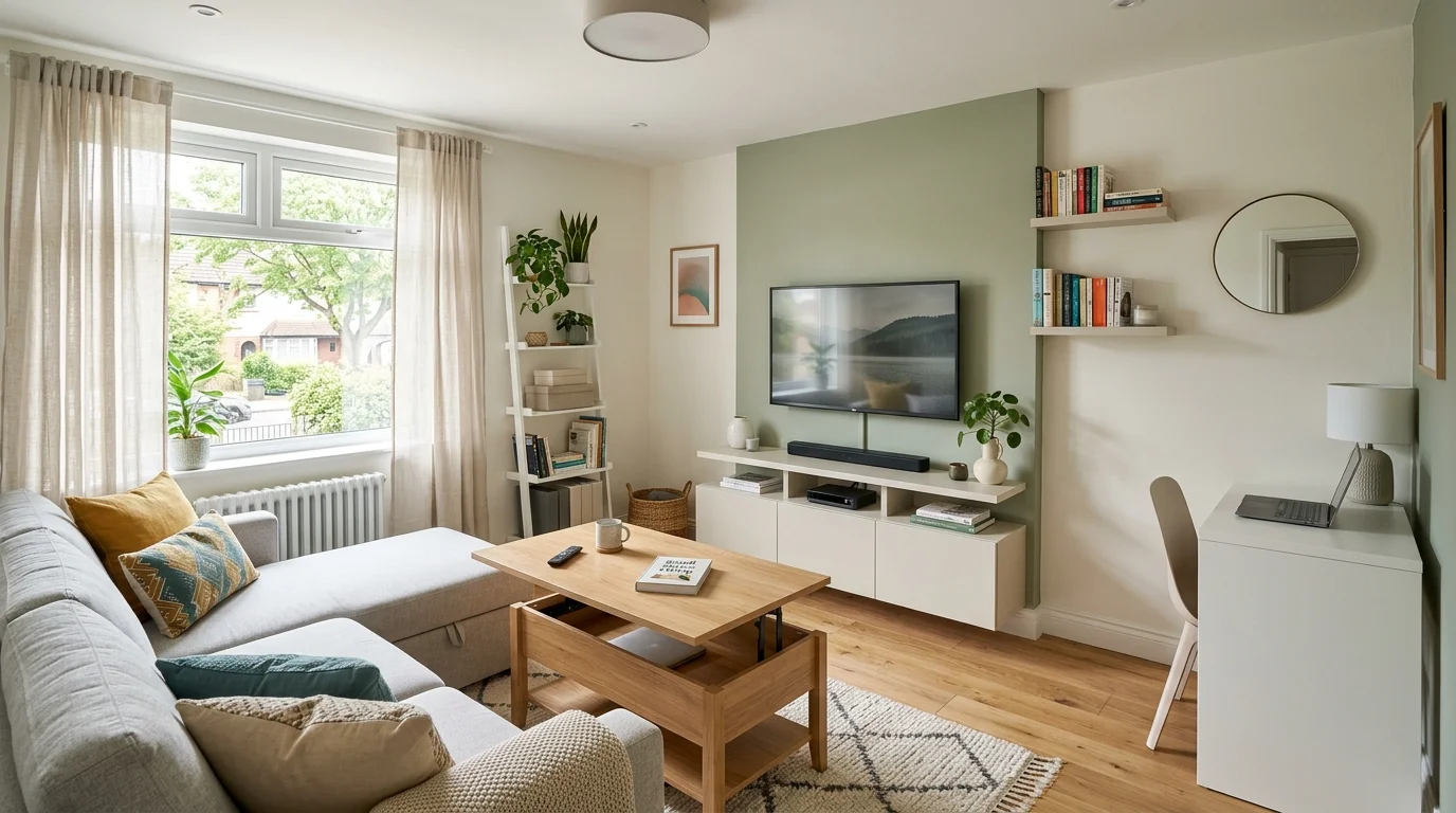 A small living room with a compact TV setup and multifunctional furniture bright lighting efficient space saving design no people