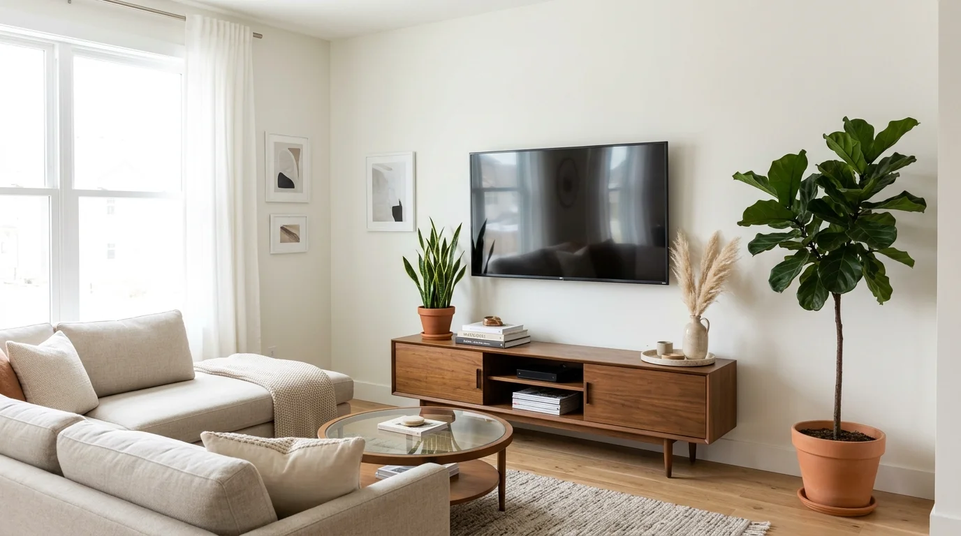 A living room with a mounted TV above a console styled with plants and decor bright natural light balanced stylish arrangement no people