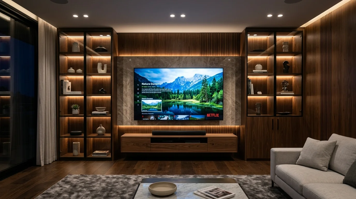 A modern entertainment wall with a large TV integrated into cabinetry bright lighting sleek luxurious media design no people