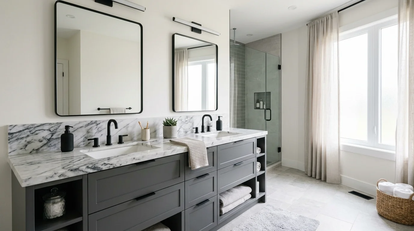 A bathroom with a grey double vanity marble countertops and sleek fixtures bright diffused lighting elegant modern design no people