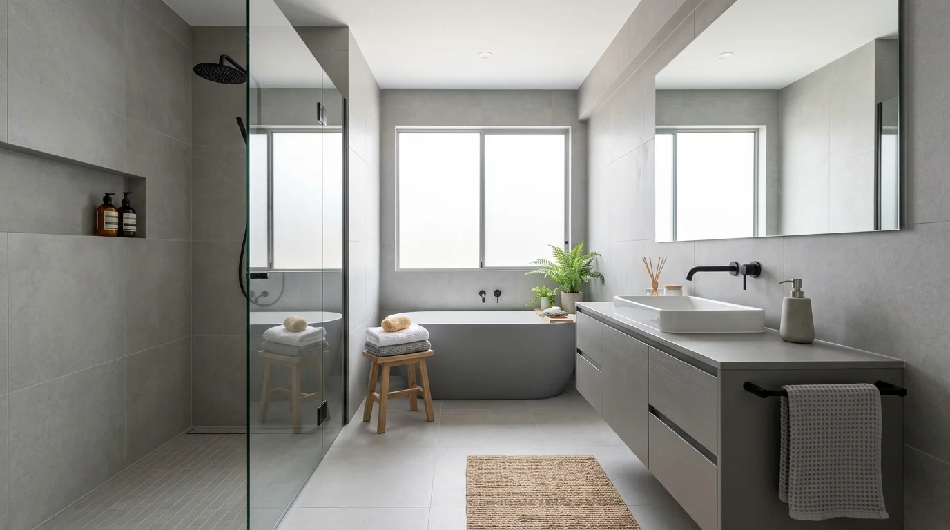 A minimalist grey bathroom with matte tiles clean lines and simple decor bright lighting calm uncluttered spa feel no people
