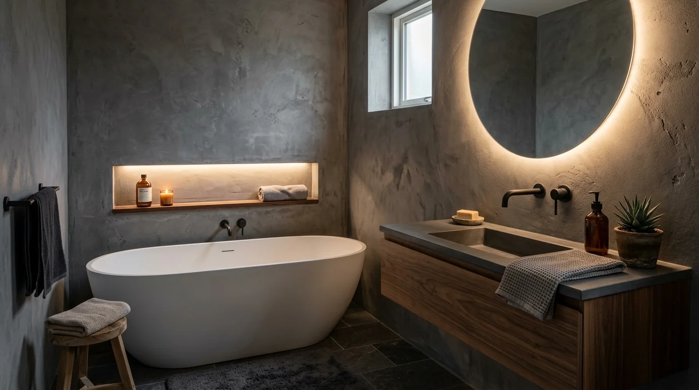 A bathroom with textured grey walls and soft ambient lighting creating depth and relaxation no people