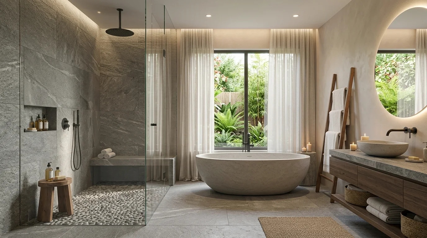 A spa inspired bathroom with a walk in shower glass enclosure and grey stone accents soft lighting tranquil environment no people