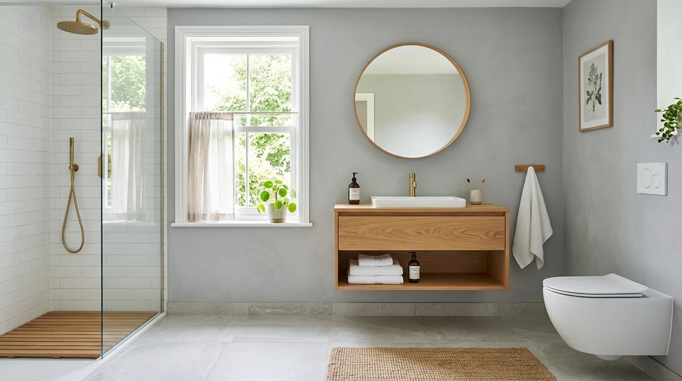 A bathroom with light grey walls paired with white fixtures and wood accents bright natural daylight balanced soothing design no people