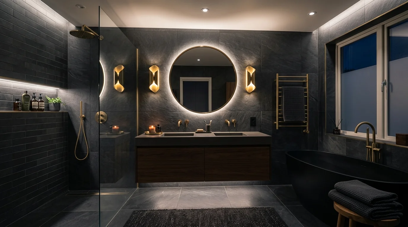 A modern bathroom with dark grey tiles and metallic accents soft lighting dramatic sophisticated look no people
