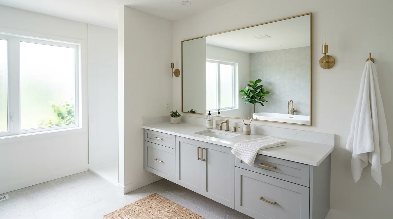 A bathroom with a grey vanity and large mirror reflecting natural light bright airy serene space no people