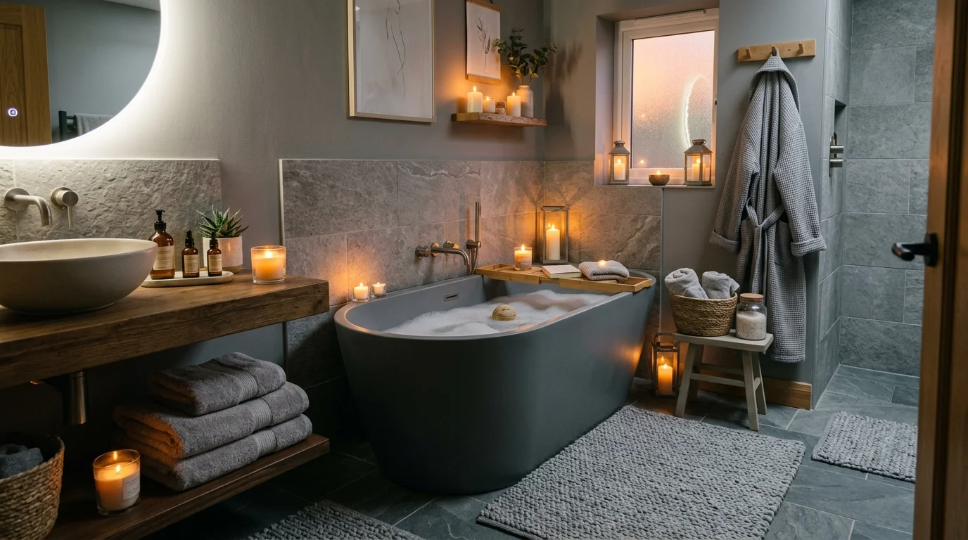 A cozy bathroom with grey tones layered with soft textiles and candles warm ambient lighting inviting spa vibe no people