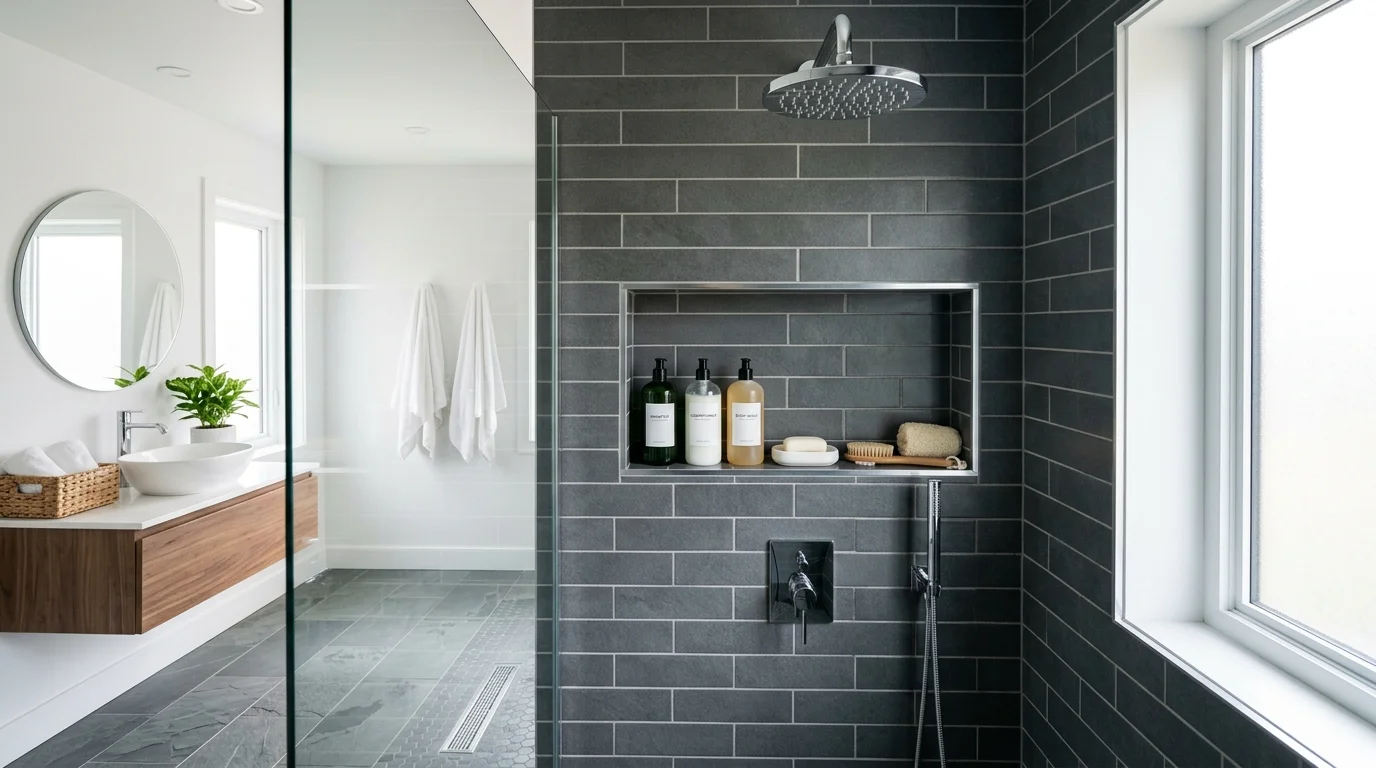 A bathroom with a grey tiled shower niche holding neatly arranged products bright lighting sleek organized design no people