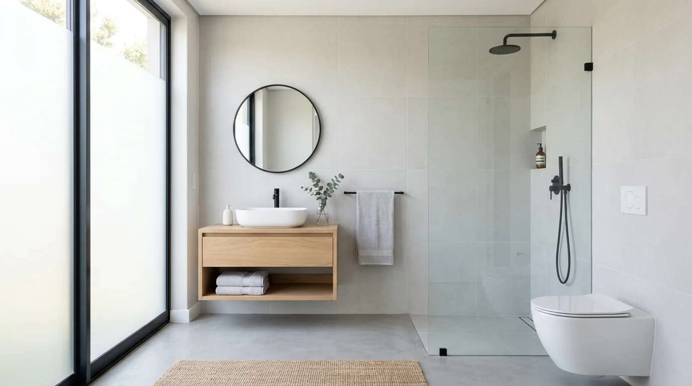 A minimalist bathroom with pale grey tones and subtle decor bright natural daylight clean calming aesthetic no people