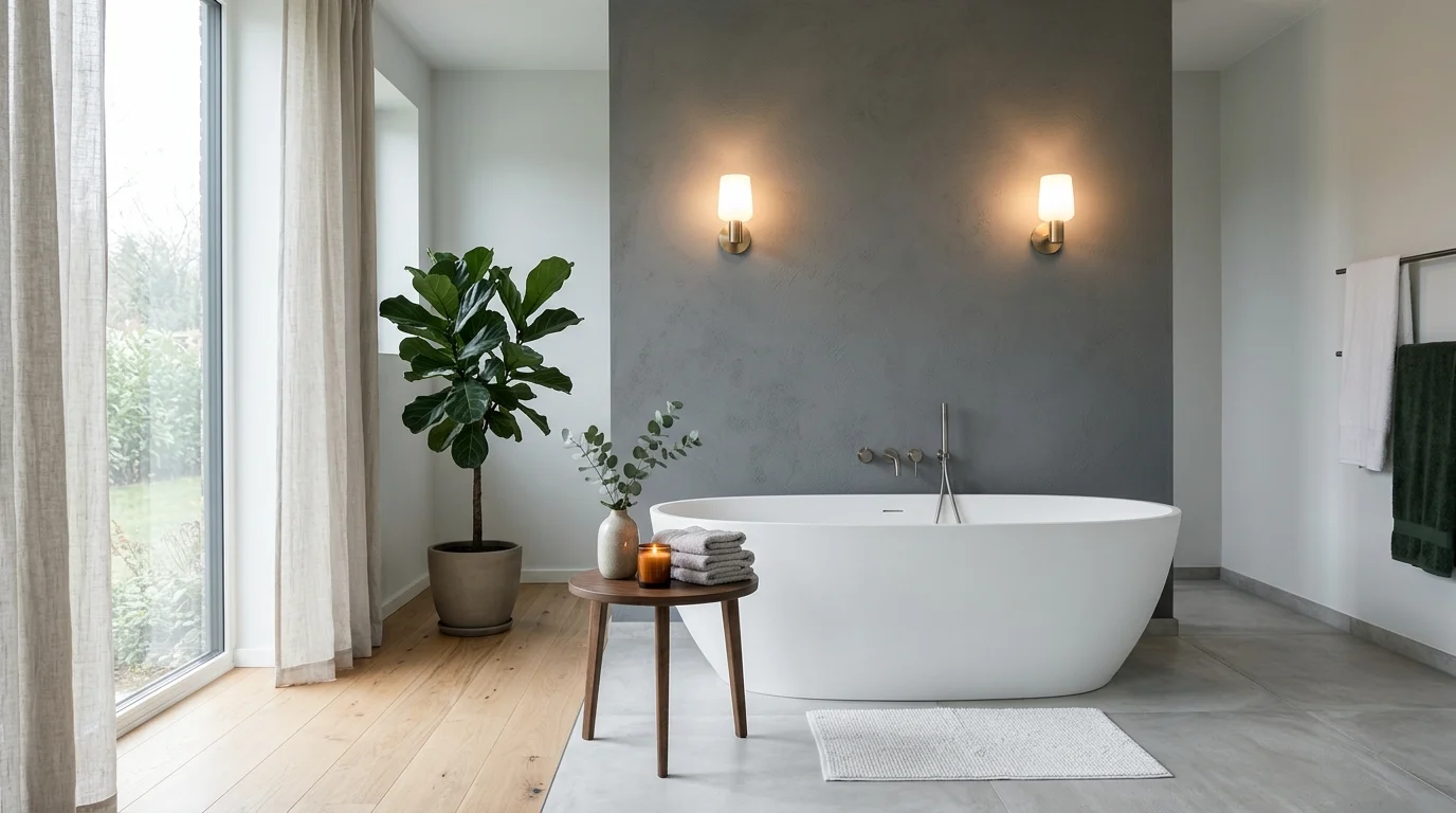 A bathroom with a freestanding tub against a grey accent wall soft lighting elegant focal point no people