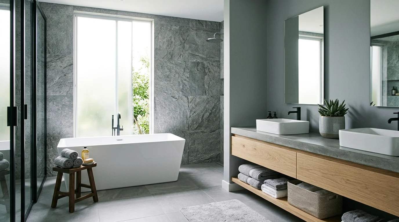 A bathroom with a mix of grey textures including stone tile and painted walls bright natural light harmonious spa inspired design no people