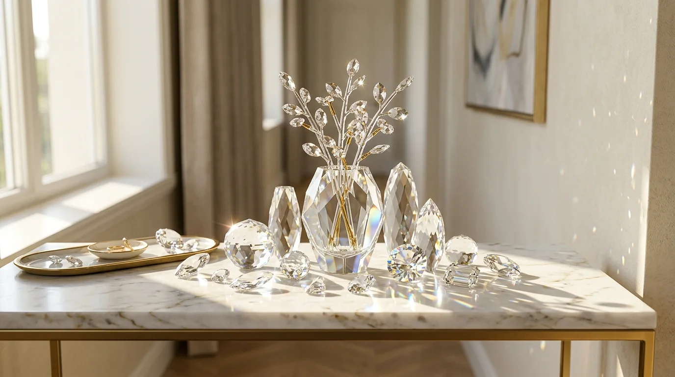 A crystal centerpiece arrangement on a marble console table with faceted crystal pieces catching warm sunlight, subtle gold accents, minimal elegant styling, bright natural daylight, close-up angled shot, no people