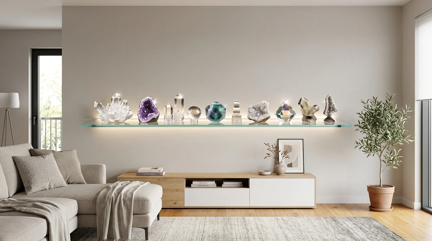 A modern living room with a floating glass shelf showcasing crystal collections in varying shapes and sizes, soft LED backlighting enhancing sparkle, clean neutral tones, straight-on composition, no people