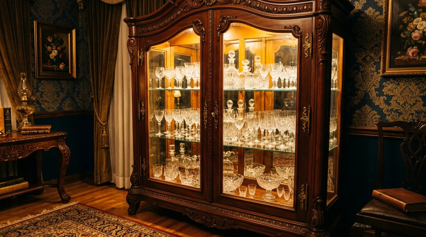 A vintage-inspired crystal cabinet display with ornate glass doors, antique crystal glassware, mirrored interior surfaces, warm golden lighting, rich elegant atmosphere, slightly angled shot, no people