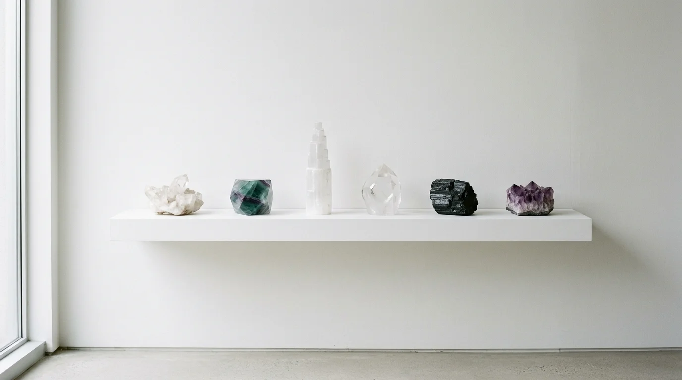 A minimalist crystal arrangement on a white floating shelf with carefully spaced geometric crystal sculptures, monochrome interior, soft diffused daylight, calm refined mood, front-facing composition, no people