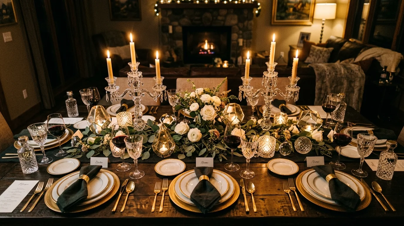 A dining table styled with crystal candle holders and faceted glass decor reflecting candlelight, warm cozy ambiance, elegant table setting, top-down slightly angled shot, no people