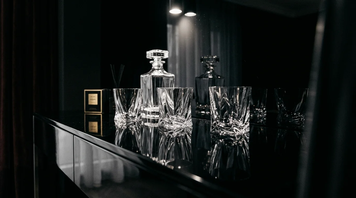 A crystal display on a black glossy console table with dramatic lighting and high contrast reflections, modern luxury aesthetic, deep shadowed background, close-up shot, no people