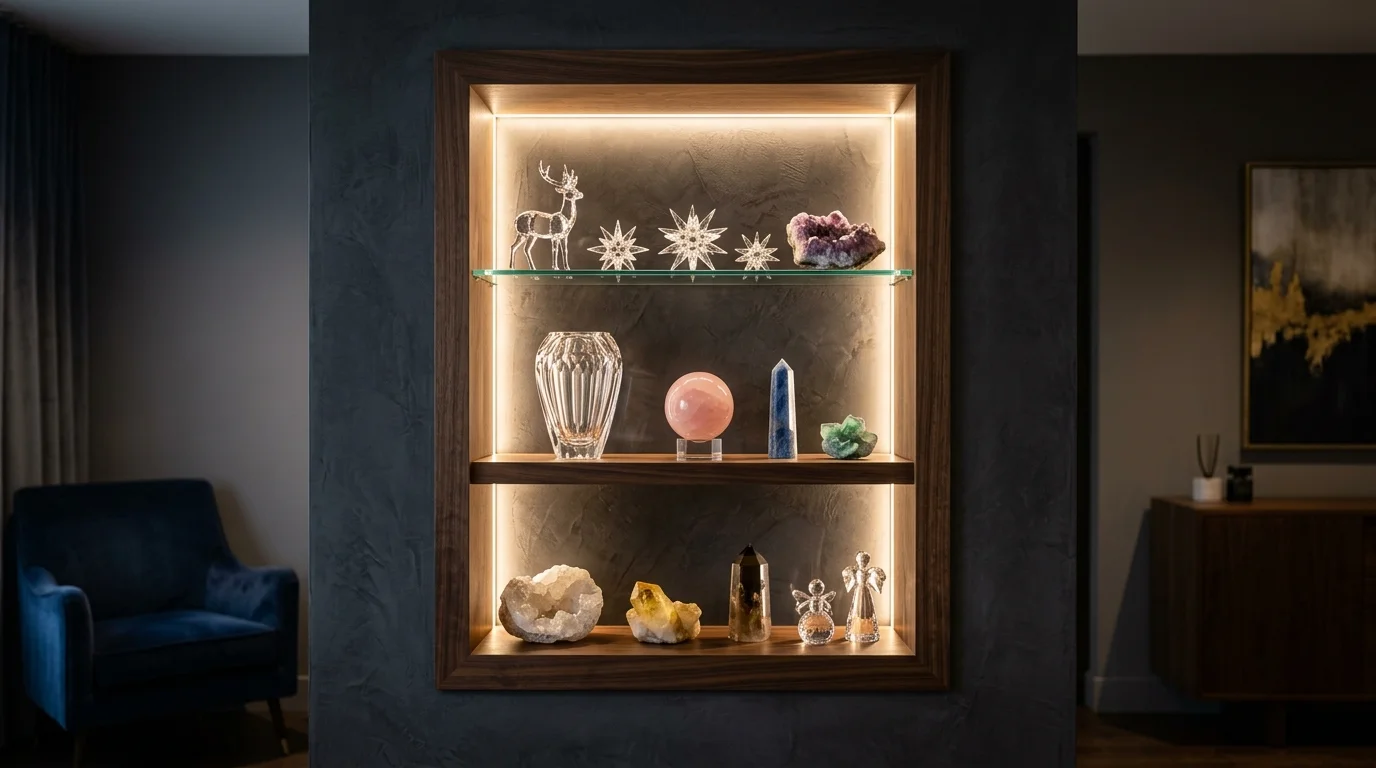 A wall niche crystal display with built-in lighting highlighting clear and colored crystal pieces, sophisticated interior design, soft glowing illumination, centered composition, no people