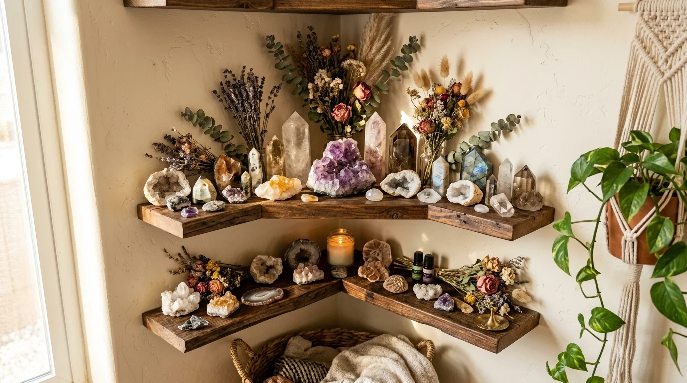 A boho-elegant crystal corner shelf with crystals mixed with dried flowers and natural stones, earthy tones combined with sparkle, warm sunlight, relaxed aesthetic, angled shot, no people
