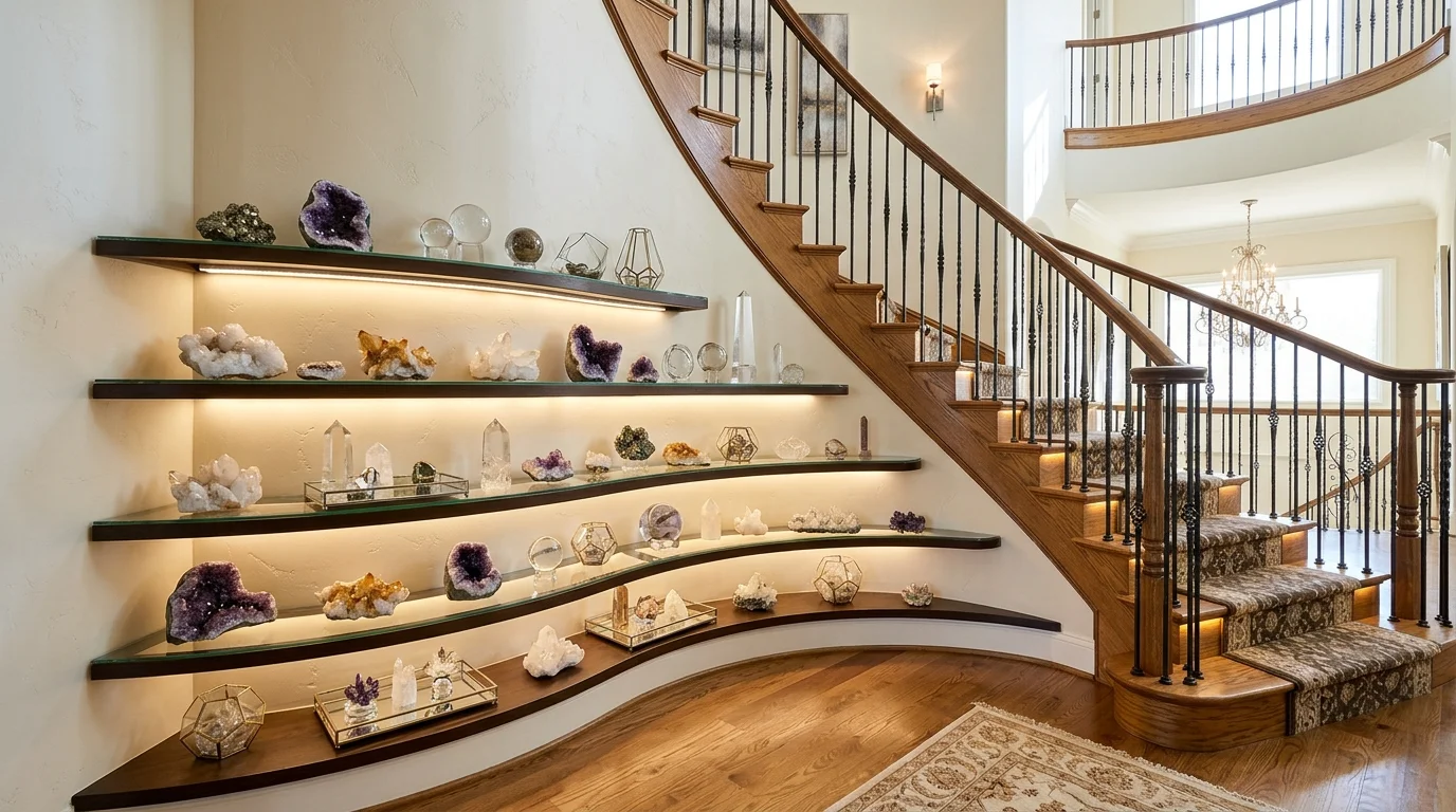 A staircase console crystal display with layered shelves featuring crystal clusters, mirrored trays, and glass decor pieces, ambient lighting along the wall, elegant flow, wide-angle shot, no people
