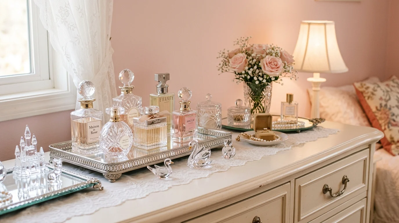 A bedroom dresser styled with crystal perfume bottles, small crystal figurines, and mirrored trays, soft romantic lighting, pastel-toned interior, close-up composition, no people