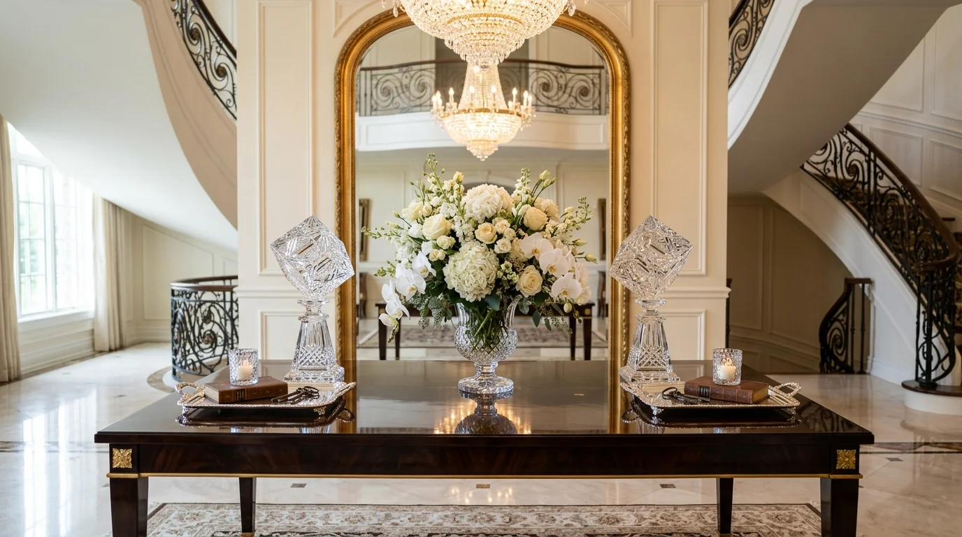 A luxury entryway table with crystal sculptures arranged in balanced symmetry, fresh floral accents, polished surfaces reflecting light, grand elegant atmosphere, straight-on shot, no people