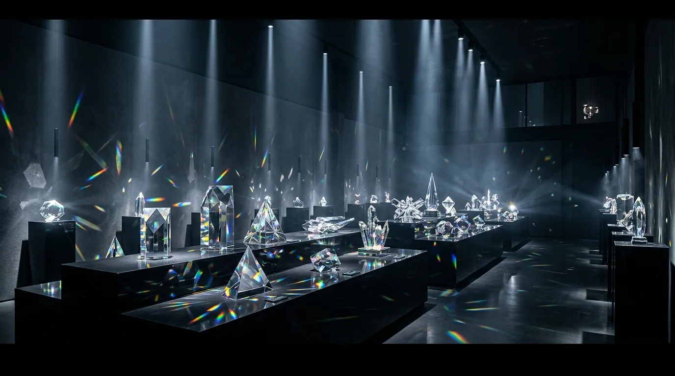 A dramatic crystal display in a dark room with spotlight beams highlighting faceted glass pieces creating rainbow reflections, artistic high-contrast styling, cinematic wide shot, no people