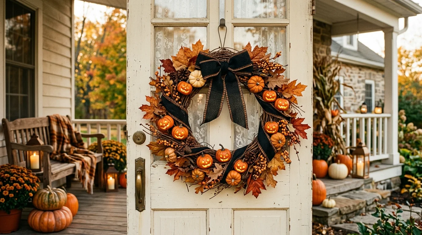 A DIY wreath featuring mini carved pumpkins, black ribbon, and dried autumn leaves, warm rustic tones, cozy farmhouse front porch setting, soft golden lighting, no people