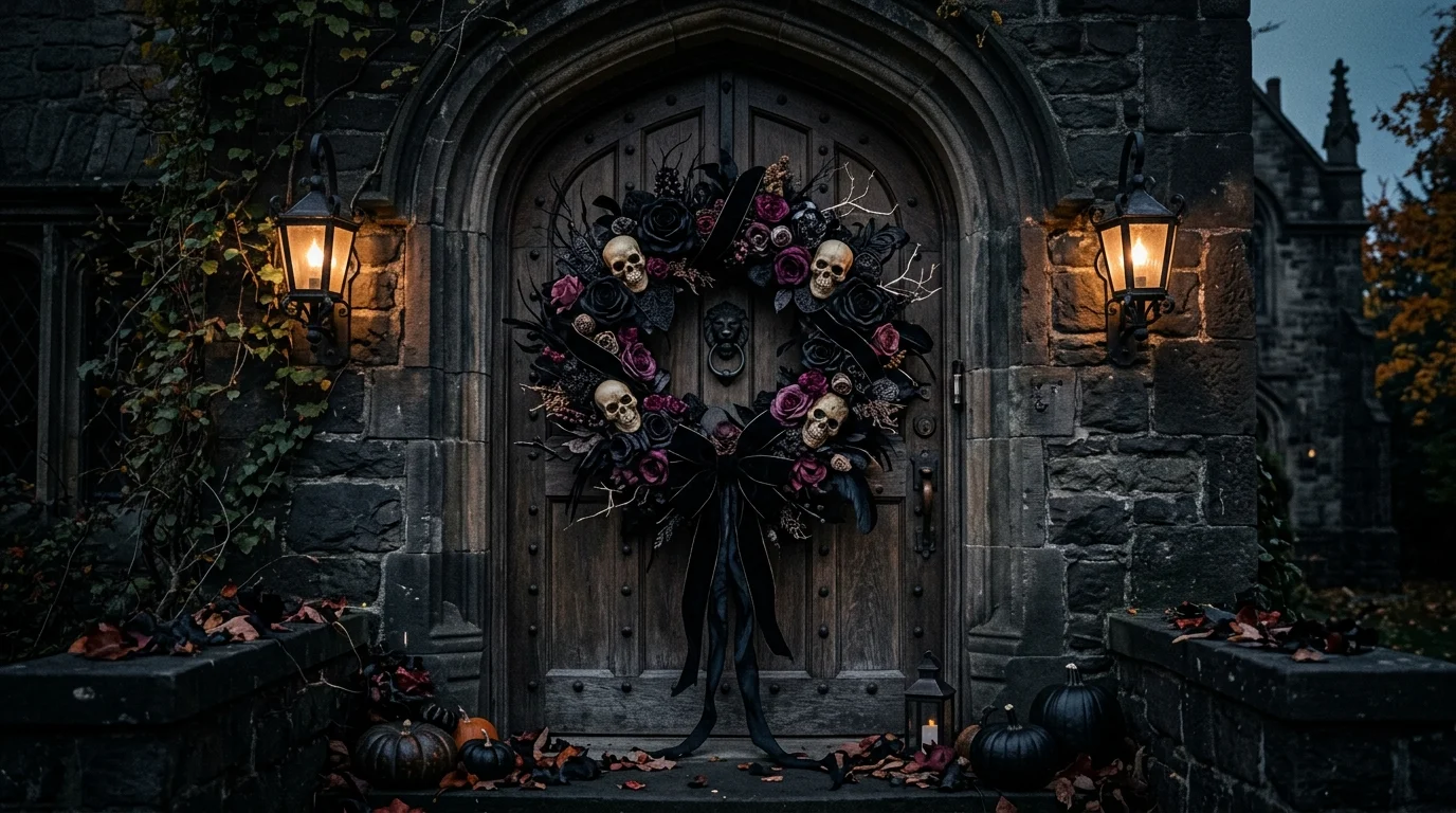 A gothic-style Halloween wreath with black roses, skull accents, and dark velvet ribbons, moody cinematic lighting, elegant haunted aesthetic, front door composition, no people
