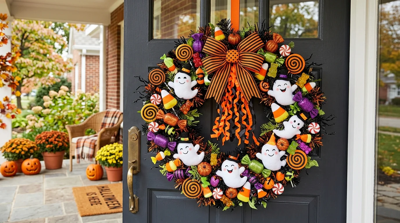 A playful Halloween wreath made with colorful candy-themed decorations, smiling ghost ornaments, and bright orange streamers, cheerful festive vibe, daylight porch scene, no people