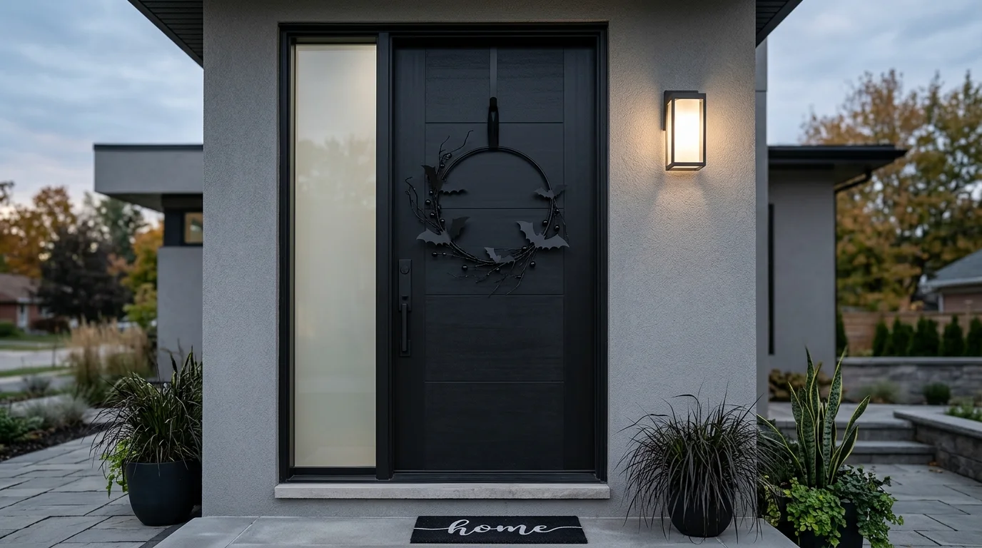 A minimalist spooky wreath with matte black circular frame, subtle bat cutouts, and monochrome styling, modern front door design, soft neutral lighting, no people