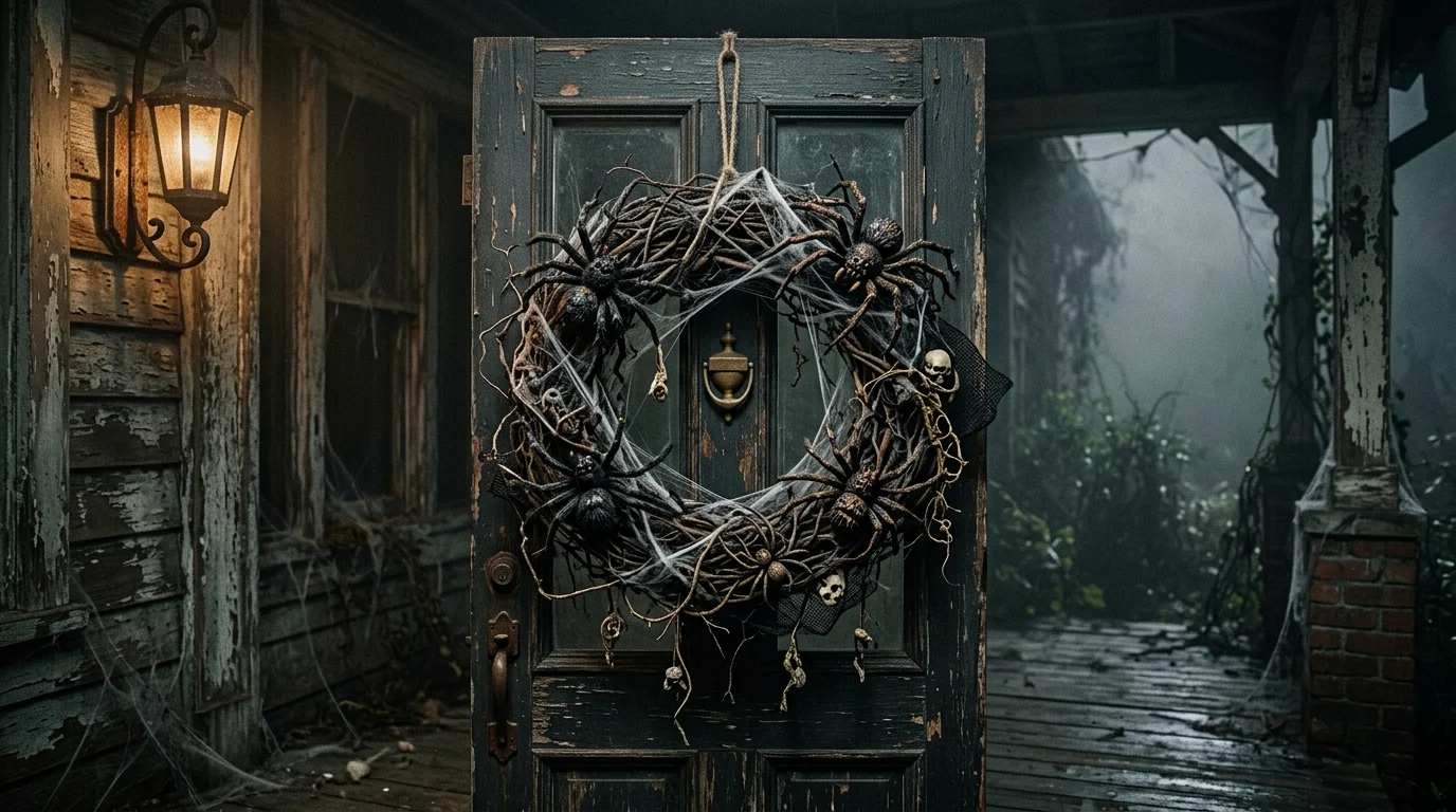 A creepy wreath made of fake spider webs, oversized spiders, and tangled branches, dim porch lighting with foggy atmosphere, horror-inspired design, no people