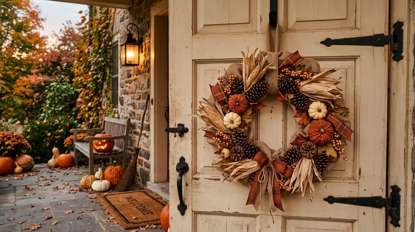 A rustic Halloween wreath with burlap fabric, dried corn husks, pinecones, and muted orange accents, farmhouse-style wooden door, warm ambient light, no people